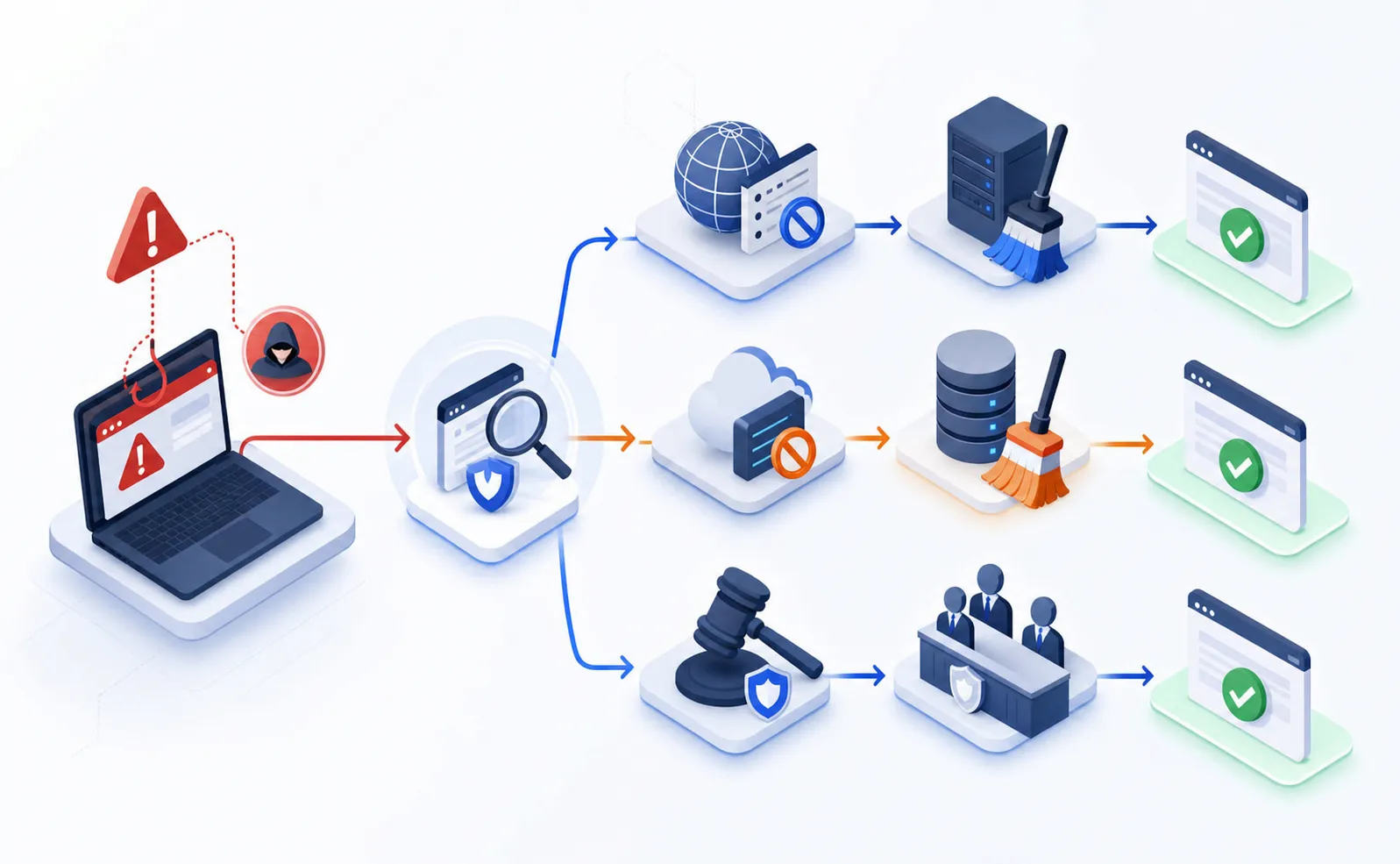 Illustrazione isometrica professionale di un flusso di rimozione di domini: un sito di phishing rilevato e rimosso, con elementi che rappresentano la sospensione da parte del registrar, la rimozione da parte dell’hosting e l’arbitrato UDRP come tre canali distinti, stile business moderno e pulito con indicatori rossi per le minacce di phishing e segni di spunta verdi per i casi risolti, accenti blu e arancioni, senza testo né lettere