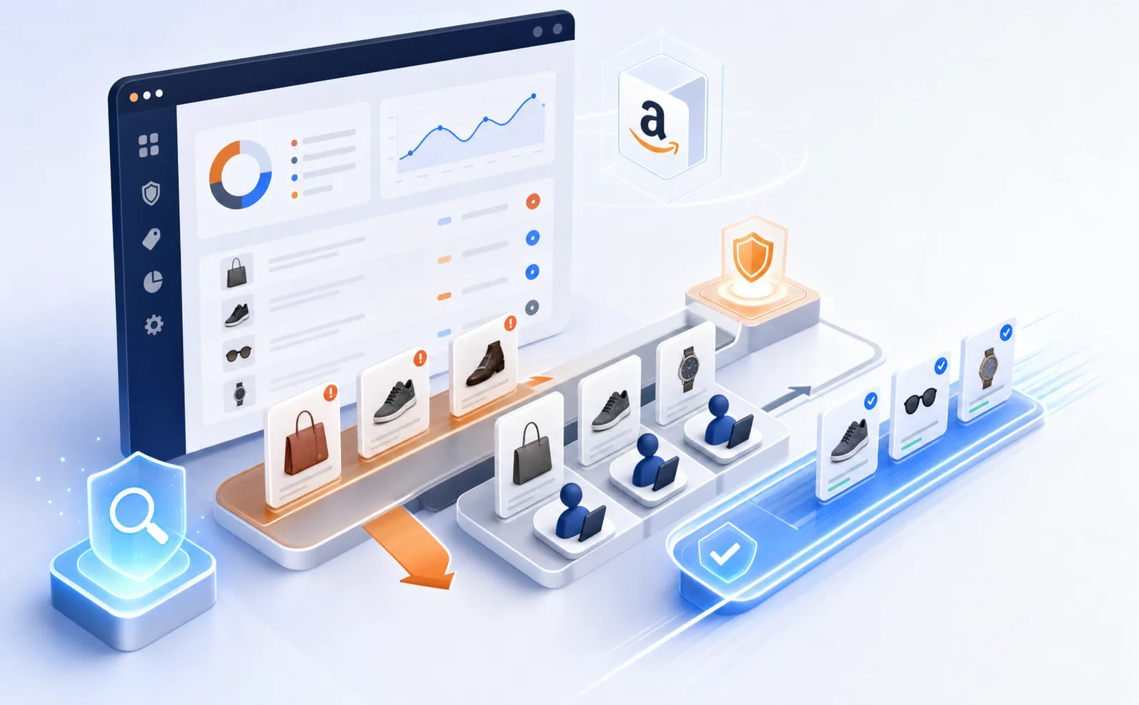 Illustrazione isometrica professionale di un flusso di tutela su un marketplace Amazon: un’interfaccia dashboard con il rilevamento di prodotti contraffatti, la coda di revisione del Brand Registry rappresentata da schede fluttuanti lungo una pipeline e la rimozione immediata di Project Zero rappresentata da una corsia preferenziale con segni di spunta, stile business moderno e pulito con accenti blu e arancioni, senza testo né lettere