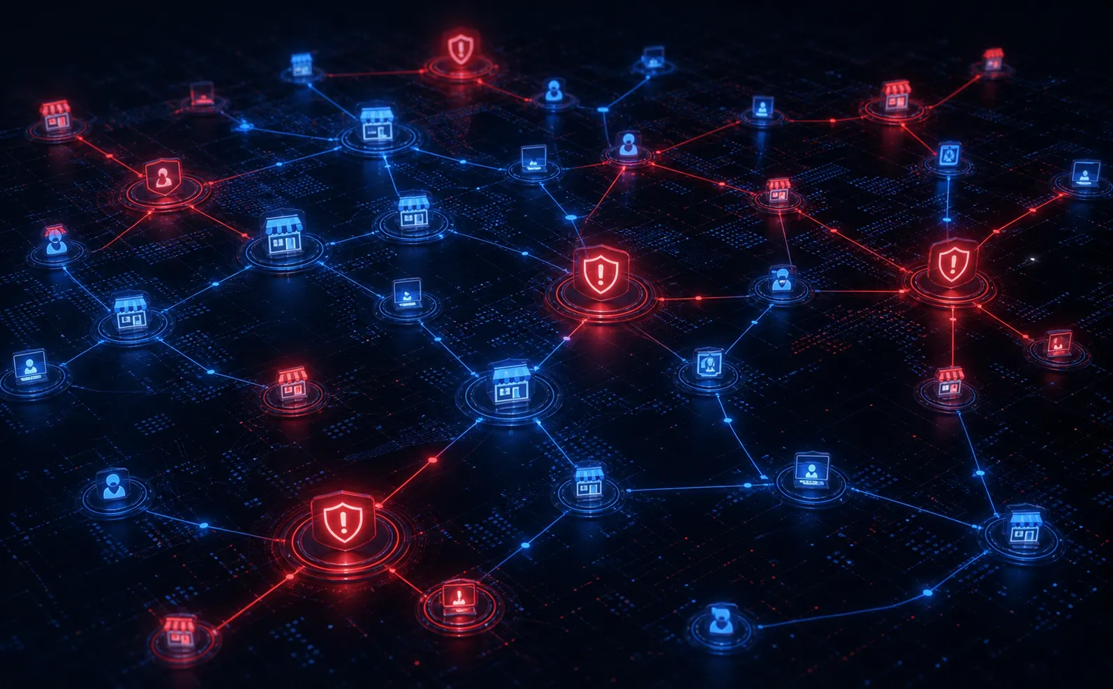 Eine dunkle digitale Landschaft mit einem ausgeklügelten Netz aus leuchtenden, verbundenen Knoten und verzweigten Pfaden; einige Knoten zeigen Warnschilder und Gefahrensignale. Das Bild steht für ein Geflecht betrügerischer Online-Infrastruktur – gefälschte Domains, geklonte Shops und täuschende Social-Media-Profile, die sich über ein digitales Raster ausbreiten, aus der Vogelperspektive, Cyberpunk-Ästhetik, tiefe Blau- und Rottöne, ohne Text