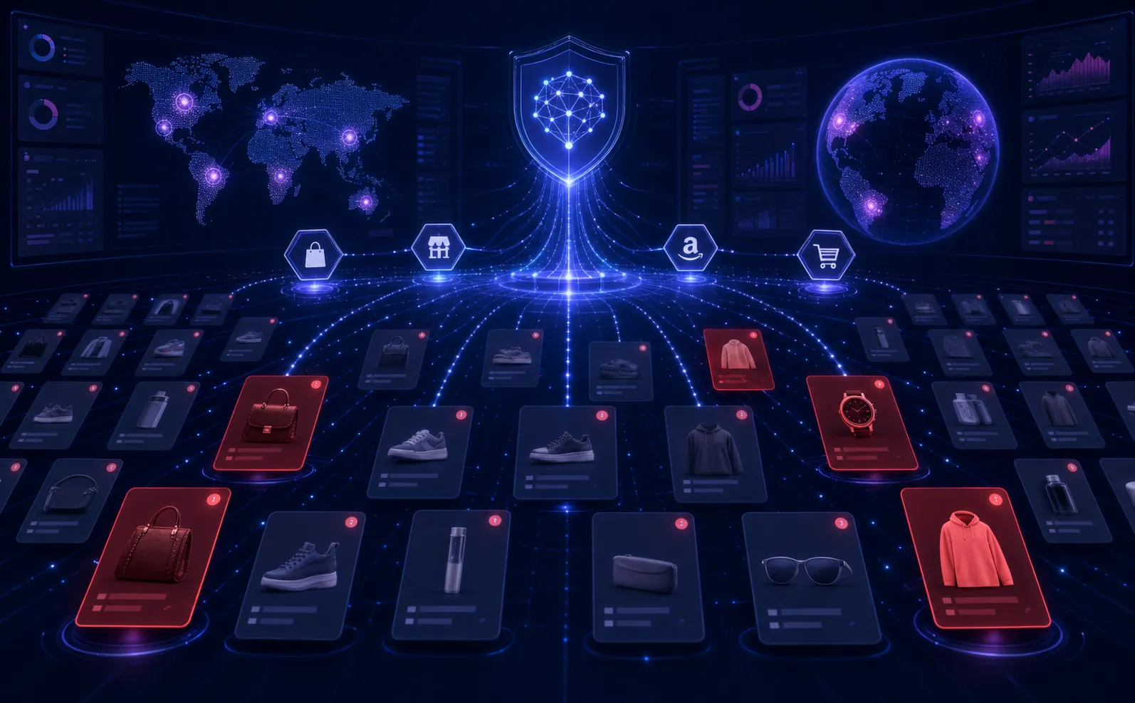 L’interfaccia di una dashboard digitale futuristica che mostra un sistema di monitoraggio di brand protection basato sull’AI mentre analizza contemporaneamente migliaia di inserzioni sui marketplace di e-commerce, con flussi di dati luminosi, nodi interconnessi che rappresentano i marketplace globali, schede di prodotti contraffatti segnalate in rosso e una mappa del mondo con impulsi di rilevamento in tempo reale, palette blu scuro e viola, estetica tecnologica pulita, senza testo né etichette