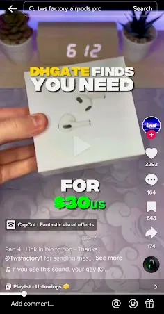 Bild gefälschter DHgate-Airbuds, beworben auf TikTok
