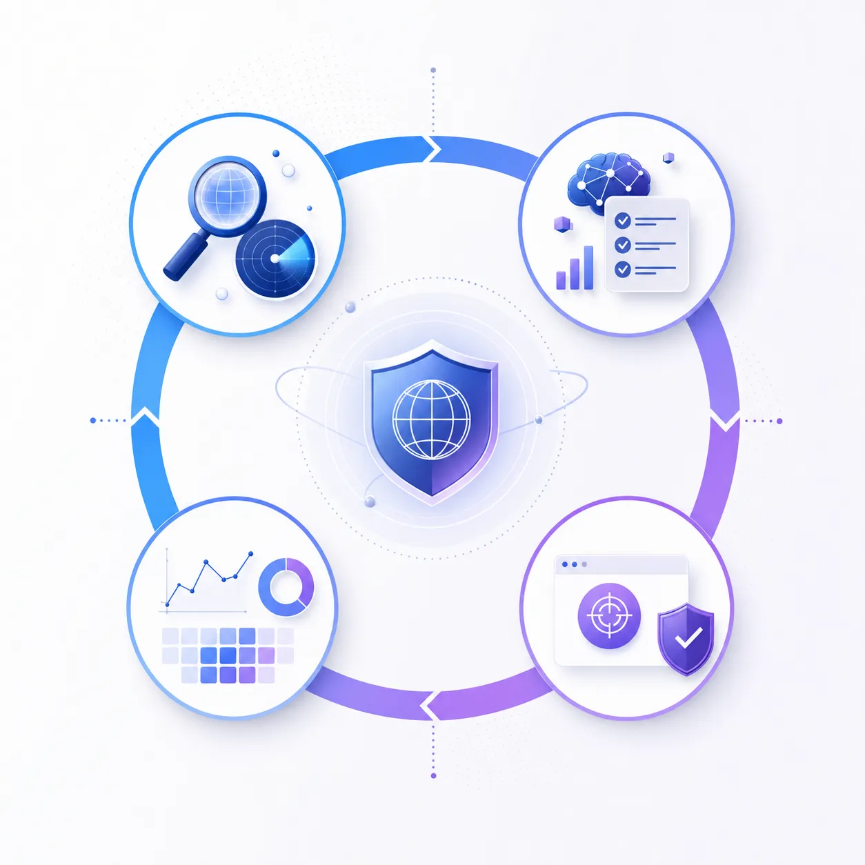 Diagrama de flujo circular con las cuatro fases interconectadas de la protección de marca digital: la fase de descubrimiento con símbolos de análisis y supervisión, la fase de análisis con iconos de validación y clasificación con IA, la fase de acción con imágenes de retirada y protección activa, y la fase de seguimiento con elementos de rastreo y reconocimiento de patrones. Estética moderna de ciberseguridad con degradado azul y morado, iconos abstractos, estilo de ilustración técnica profesional y un flujo geométrico limpio que muestra el ciclo continuo.