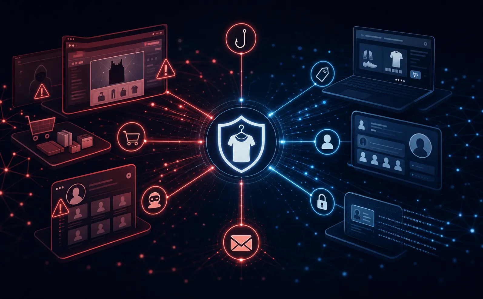 Visualización sofisticada de una red digital con vectores de amenaza interconectados dirigidos contra una marca: dominios de phishing con páginas web falsificadas, publicaciones de productos falsificados en marketplaces, perfiles falsos en redes sociales, flujos de credenciales robadas y comunicaciones por correo fraudulentas, que convergen hacia un símbolo central de identidad de marca. Estética moderna de ciberseguridad con fondo oscuro, líneas de conexión luminosas en azul y rojo, nodos digitales abstractos y flujos de datos, estilo de ilustración técnica profesional.