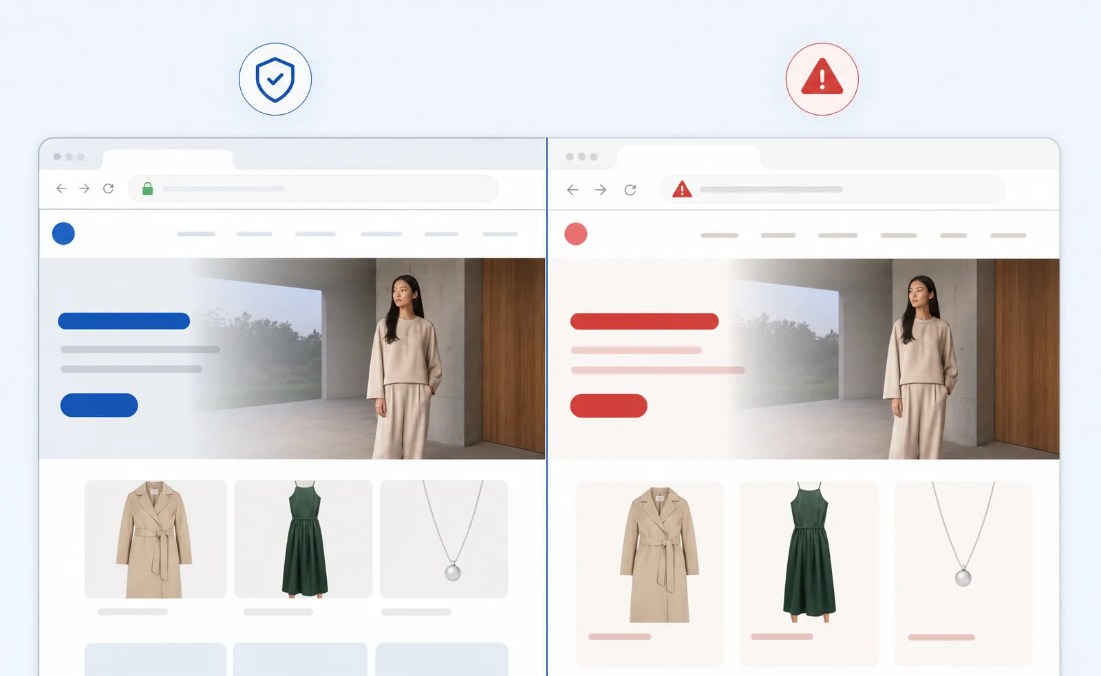 Illustrazione digitale professionale dell’impersonificazione di siti web: uno schermo diviso con un sito legittimo di un brand da un lato e un sito di phishing che lo imita dall’altro, con indizi visivi sottili come un URL leggermente diverso nella barra del browser, icone di avviso e il simbolo di un lucchetto. Stile aziendale pulito e moderno con accenti blu e rossi. Nessun testo.