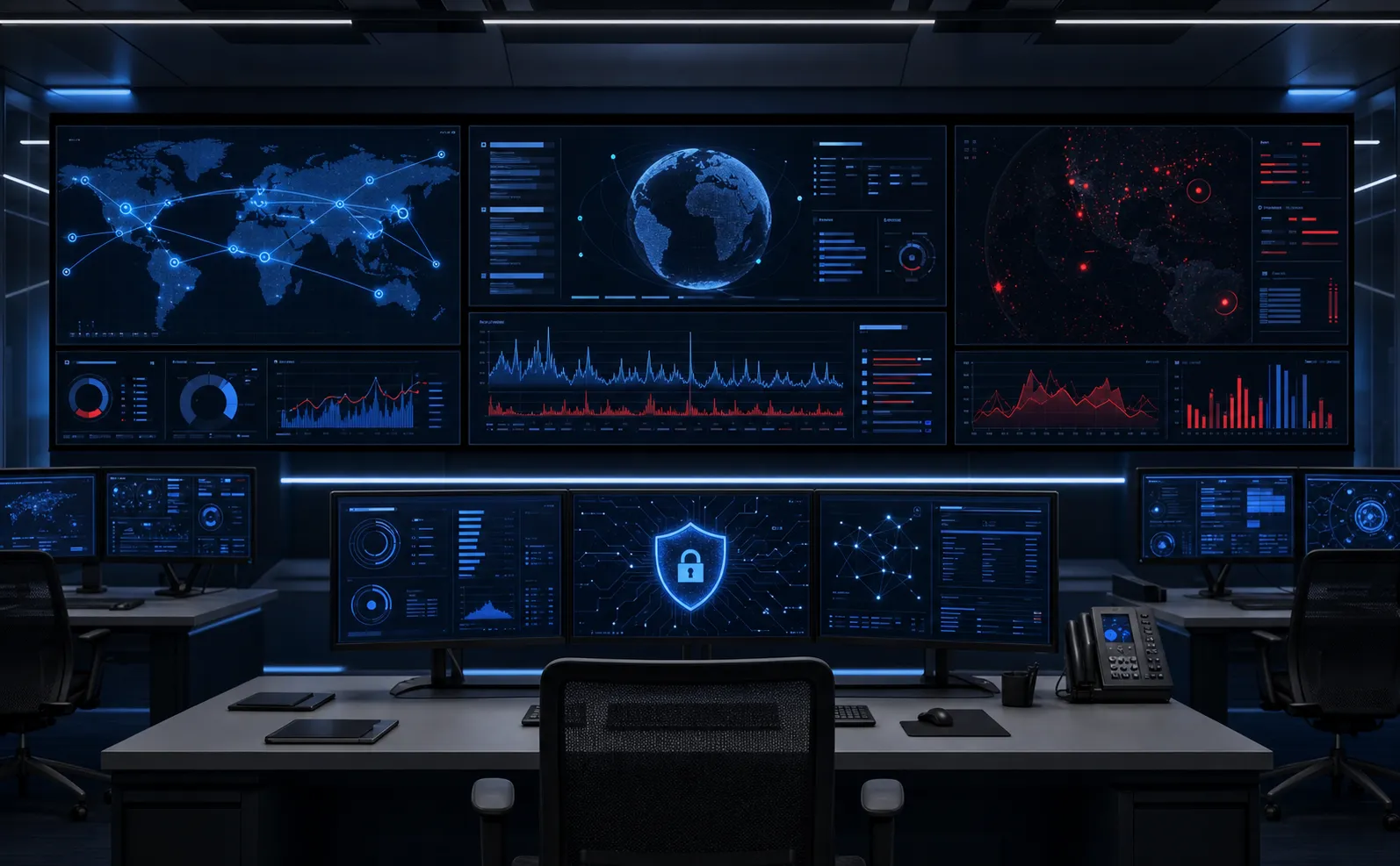 Panel de supervisión de un centro de mando de ciberseguridad profesional con varias pantallas que muestran análisis de red, visualizaciones de detección de amenazas, flujos de datos y fuentes de inteligencia de seguridad. Interfaz oscura moderna con acentos azules y rojos que representan la vigilancia digital y los sistemas de supervisión de protección. Ambiente de centro de operaciones de seguridad corporativa de alta tecnología, con una estética limpia y profesional.