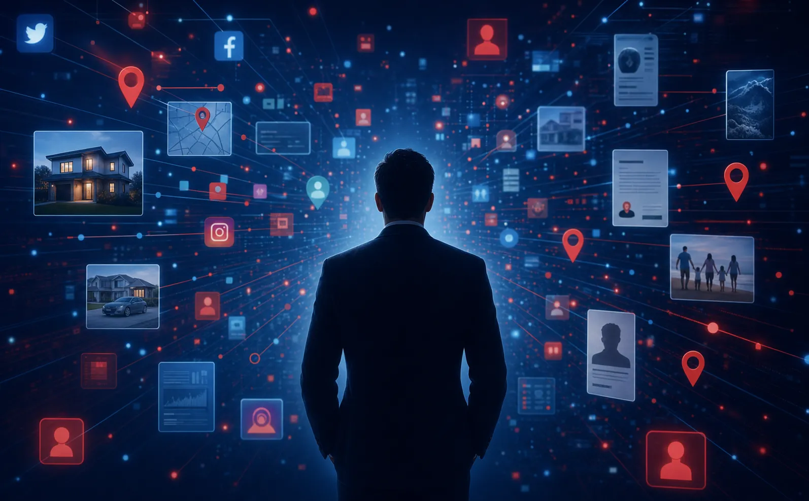 Ilustración conceptual profesional sobre la huella digital y la exposición online. Datos digitales dispersos, iconos de redes sociales, marcadores de ubicación, registros de propiedad y fragmentos de información personal flotan en un espacio digital y convergen hacia la silueta de un directivo. Paleta azul oscuro y rojo que sugiere vigilancia y riesgo. Estética corporativa limpia y moderna con capas de flujos de datos interconectados que representan cómo la información pública se ensambla en un perfil completo. Sin texto ni letras.