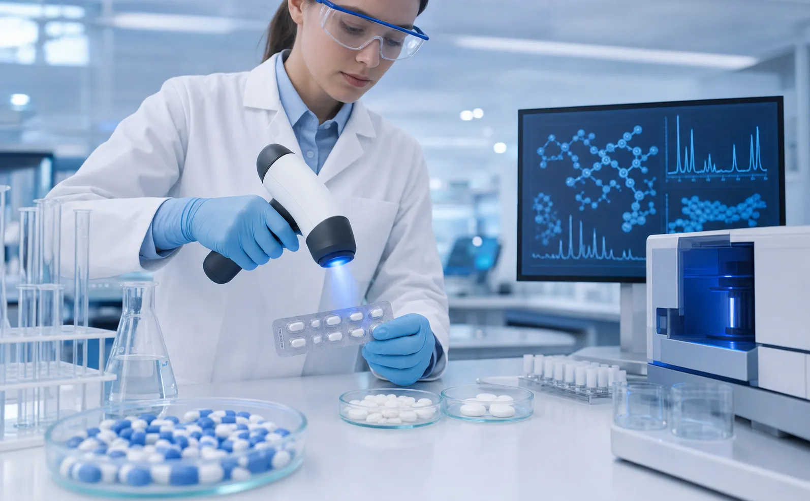 Ein hochmodernes pharmazeutisches Labor, in dem eine Wissenschaftlerin eine Blisterpackung unter ein Handheld-Raman-Spektrometer mit blauem Scanlicht hält, umgeben von wissenschaftlichen Geräten, Tabletten in Petrischalen und einem Bildschirm mit Diagrammen zur Molekularanalyse, fotorealistischer Stil in kühlen Blau- und Weißtönen, ohne Text oder Beschriftungen