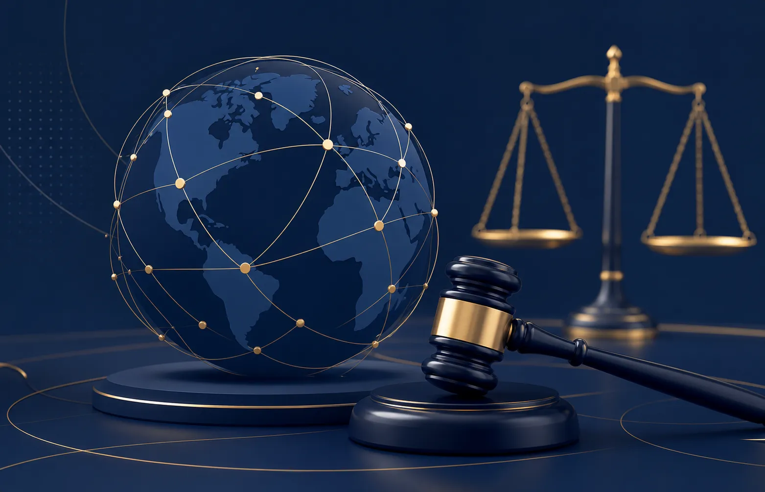 Eine klare, professionelle digitale Illustration zum Thema Domain-Schiedsverfahren und Streitbeilegung: ein stilisierter Globus mit verbundenen Domainnamen und ein Richterhammer auf einer glatten Fläche, im Hintergrund eine abstrakte Waage, in Dunkelblau und Blau mit goldenen Akzenten, Flat Design, das Autorität und internationale Rechtsverfahren vermittelt, ohne Text oder Buchstaben im Bild