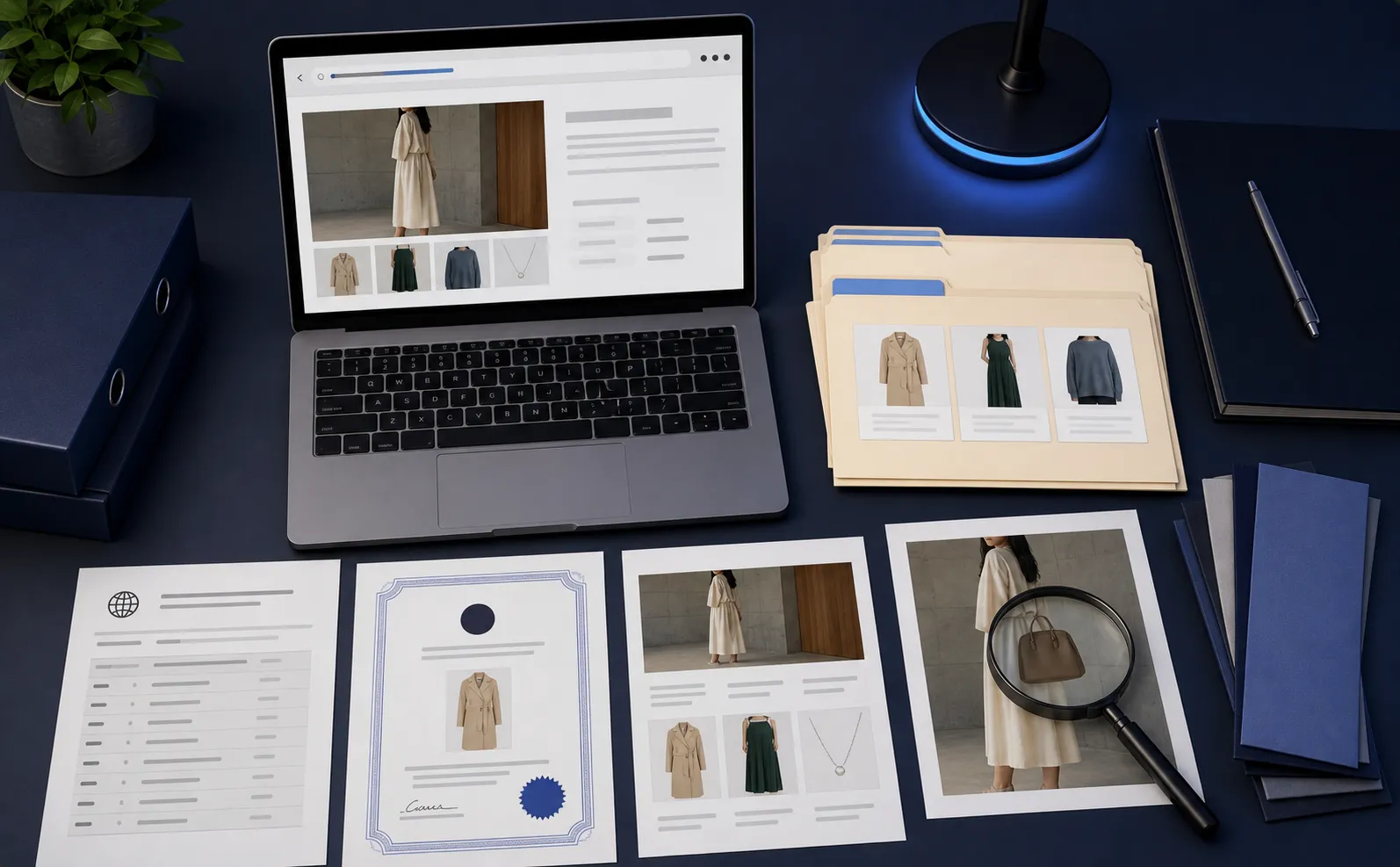Eine professionelle Illustration im Flat-Lay-Stil, die zeigt, wie auf einem aufgeräumten Schreibtisch ein digitales Beweispaket zusammengestellt wird: ein Laptop mit einem Browser samt Adresszeile und Screenshots, ausgedruckte WHOIS-Abfragen, eine Markenurkunde, nach Datum beschriftete Ordner und eine Lupe über einem Produktfoto – alles methodisch auf einer dunkelblauen Fläche mit kühler blauer Akzentbeleuchtung angeordnet, als Sinnbild für Gründlichkeit und juristische Präzision