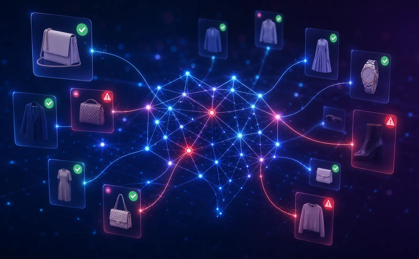 Eine futuristische Visualisierung eines neuronalen KI-Netzes mit leuchtenden Knoten und Verbindungen, einige Knoten rot hervorgehoben als Fehlerkennungen, umgeben von schwebenden Angebotskarten – manche mit grünen Häkchen für legitime Angebote, manche mit roten Warnsymbolen –, die eine visuelle Verwechslung zwischen echten und gefälschten Artikeln erzeugen, digitale blau-violette Farbpalette, abstrakt und konzeptionell, ohne Text