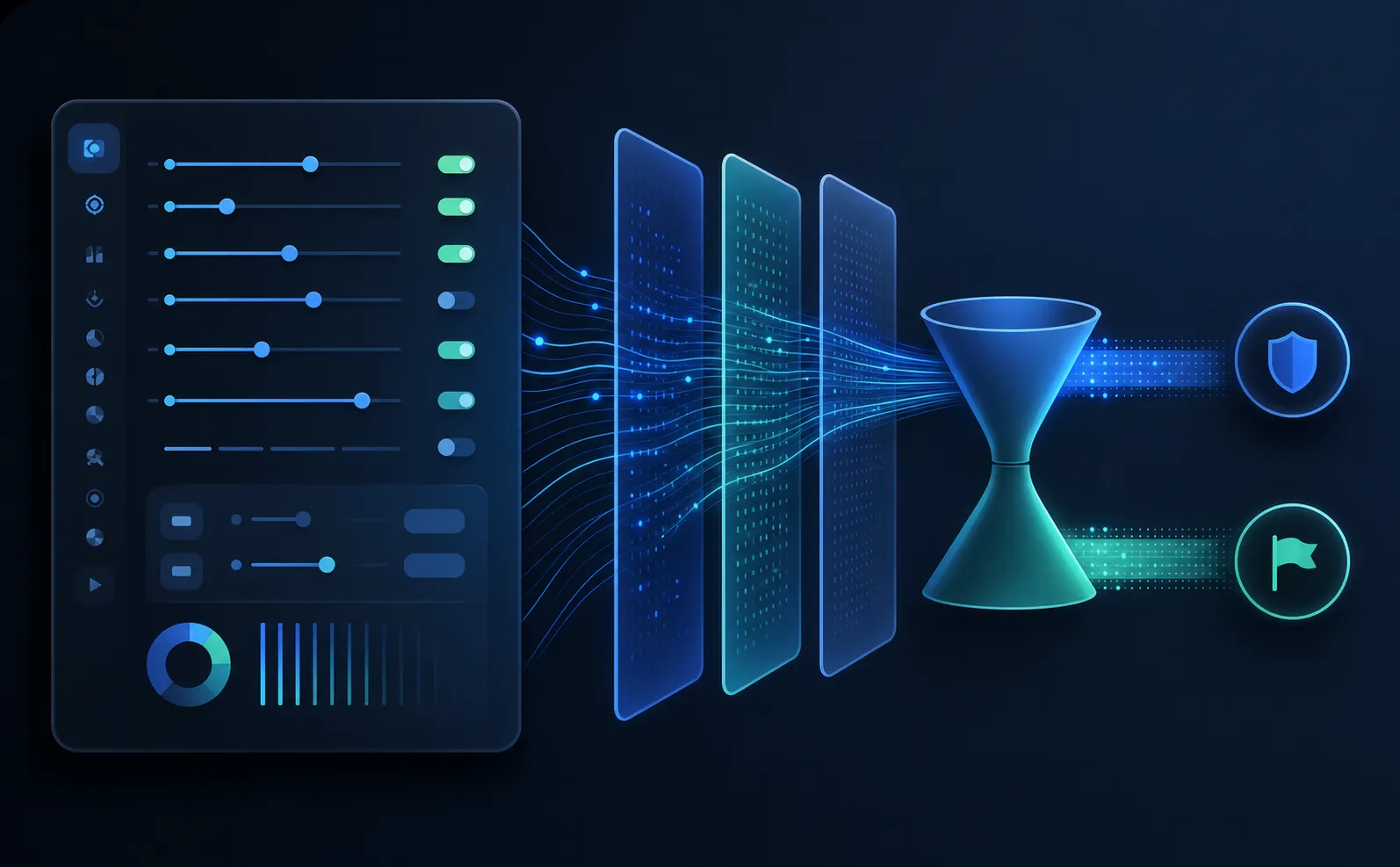 Ein klares, modernes Konzept eines digitalen Dashboards mit mehreren Präzisionsreglern und Kippschaltern auf einem eleganten dunklen Panel, leuchtend grüne Anzeigen für aktive Filter, abstrakte Datenströme durch geschichtete Filterebenen und ein visueller Trichter, der markierte von freigegebenen Elementen trennt – blau-türkise Farbpalette, ohne UI-Beschriftungen oder Text, abstrakt und konzeptionell, professionelle Technologieästhetik