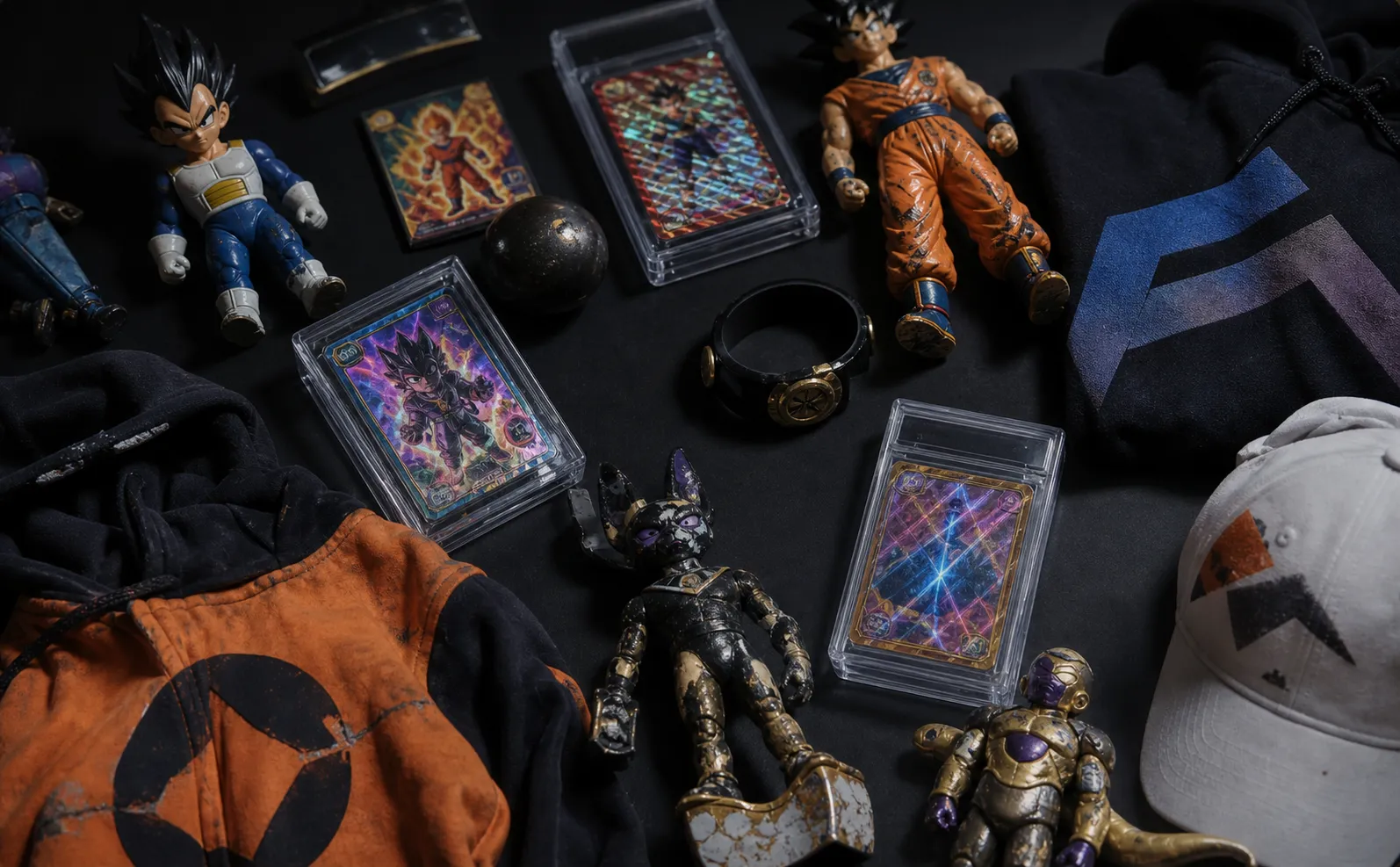 Un drammatico flat lay di oggetti da collezione e merchandise di videogiochi contraffatti su una superficie scura: action figure false con difetti di qualità visibili, carte collezionabili pirata con colori disallineati, abbigliamento contraffatto con loghi leggermente distorti sostituiti da forme astratte e imitazioni di custodie olografiche di valutazione. Illuminazione da studio con ombre nette che rivela la scarsa qualità di fabbricazione: plastica incrinata, stampe sbiadite, cuciture irregolari. Atmosfera cupa, stile fotografia di prodotto cinematografica, senza testo, lettere, parole o numeri.