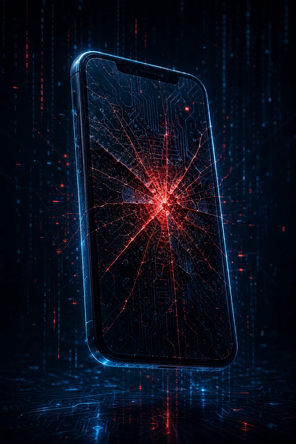 Uno smartphone luminoso con lo schermo incrinato, sovrapposto a scuri flussi di codice digitale e motivi da circuito stampato, a simboleggiare la modifica non autorizzata di un’app mobile. Il telefono fluttua su uno sfondo blu scuro con deboli dati binari che gli scorrono intorno. La crepa emana un sinistro bagliore rosso. Estetica cyberpunk, molto dettagliata, senza testo, lettere o parole.