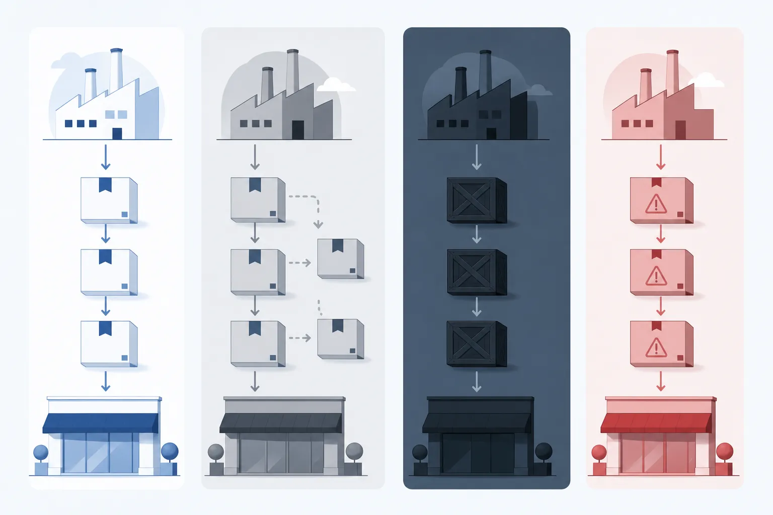 Illustrazione professionale in stile infografica aziendale che mette a confronto quattro canali di distribuzione di prodotti di marca: un canale bianco autorizzato, un canale grigio, un canale nero e un canale della contraffazione. Quattro corsie o colonne verticali distinte, ciascuna rappresentata da scatole di prodotto astratte e frecce di flusso che vanno dall’icona di una fabbrica all’icona di un negozio. La corsia autorizzata appare ordinata e luminosa, quella grigia mostra scatole autentiche che deviano lateralmente dal percorso approvato, quella nera mostra casse in ombra o nascoste e quella della contraffazione mostra scatole imitate con un discreto segno di avvertimento. Design aziendale moderno e piatto, palette di blu e ardesia tenui con un solo colore d’accento per il contrasto, senza testo, parole, lettere o numeri.