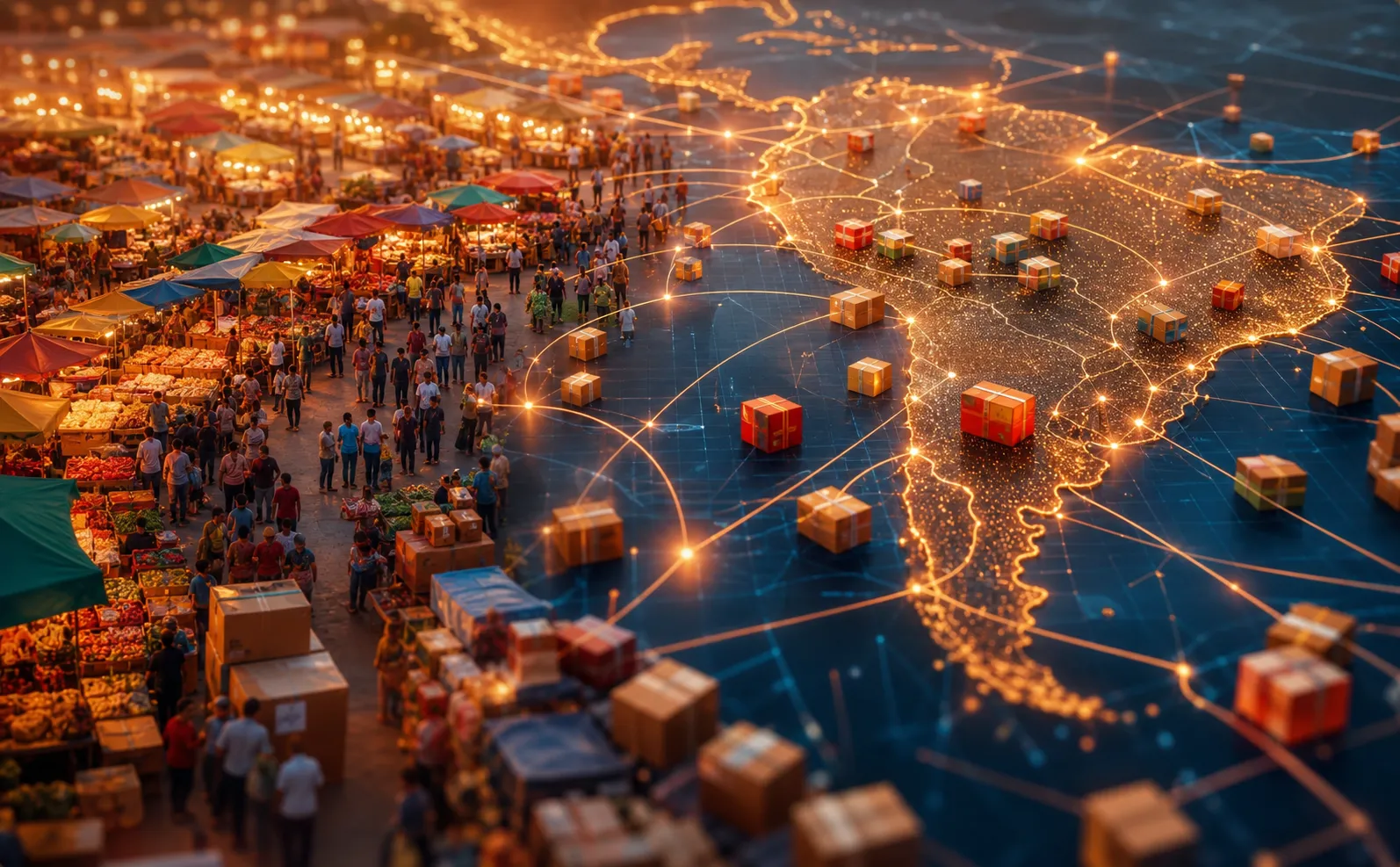 Weite Luftaufnahme eines lebhaften lateinamerikanischen Freiluftmarkts, der nahtlos in eine leuchtende digitale Marktplatzoberfläche übergeht; Produktkartons und Pakete fließen über beleuchtete Netzwerklinien auf einer Karte Südamerikas und vermitteln Umfang und Komplexität des grenzüberschreitenden E-Commerce und des Fälschungsrisikos, satte warme Farben, kinoreife Beleuchtung, kein Text