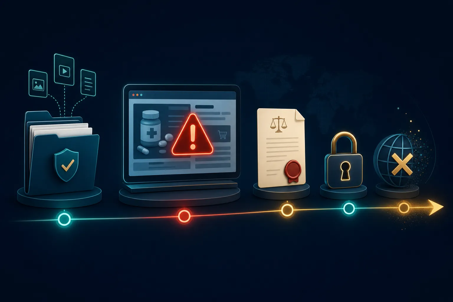 Digitale Illustration eines schrittweisen rechtlichen Vorgehens gegen eine illegale Website: ein leuchtender Bildschirm, auf dem die Domain einer betrügerischen Apotheke markiert und blockiert wird, umgeben von Symbolen für Beweismappen, ein Rechtsdokument mit Wachssiegel, ein Vorhängeschloss und ein Symbol für ein Domainregister, verbunden durch einen fließenden Zeitstrahl auf dunkelblauem Hintergrund mit Akzenten in Petrol und Gold, als Bild für systematische Löschung und Domainentfernung