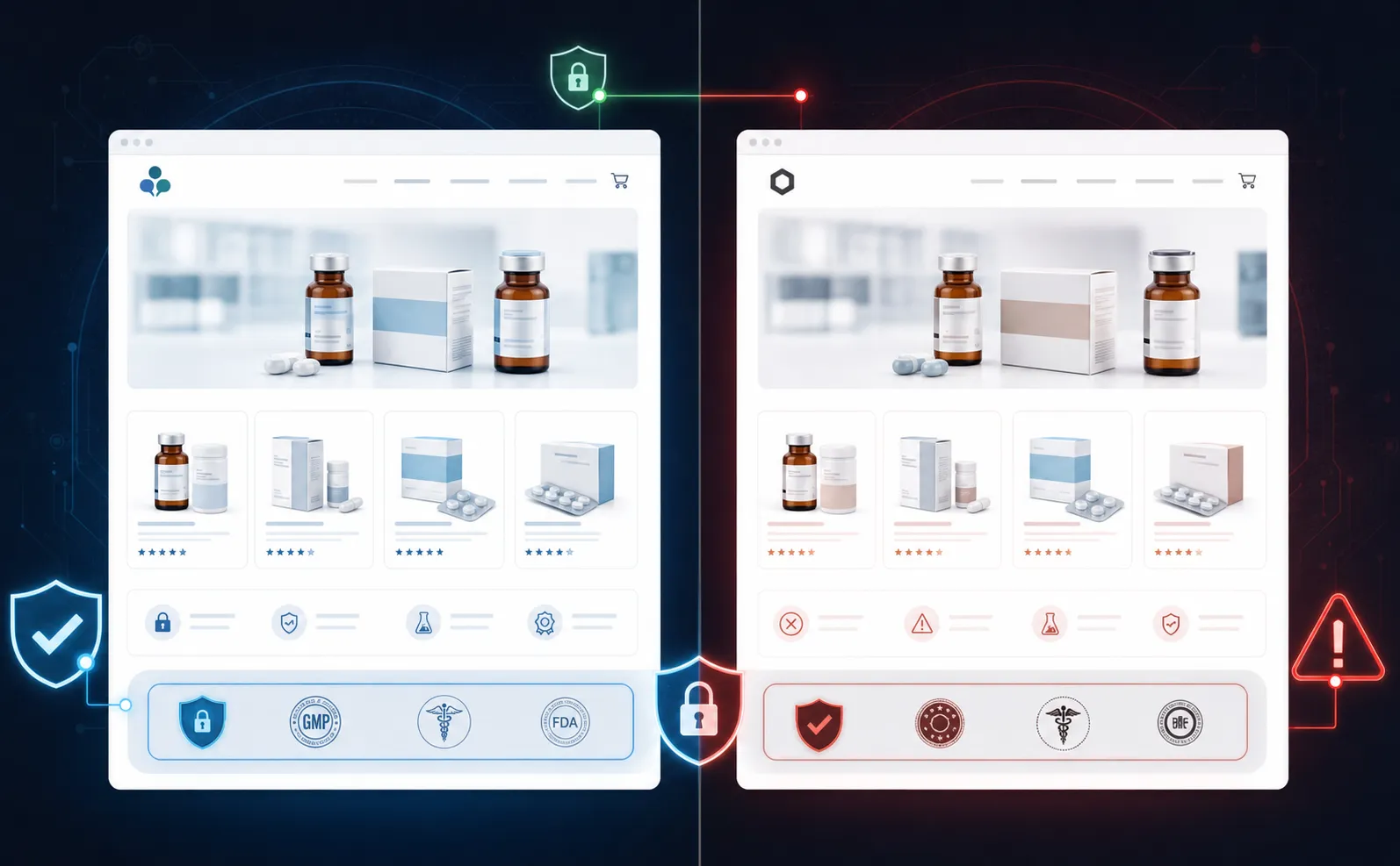Digitale Illustration mit geteiltem Bildschirm: links die Website einer legitimen Pharmamarke mit klarem, professionellem Design und verifizierten Sicherheitssymbolen, rechts eine fast identische gefälschte Website mit subtilen Hinweisen auf Täuschung, etwa einem leicht veränderten Logo, kopierten Produktbildern und erfundenen Vertrauenssiegeln, vor einem dunklen Cyber-Hintergrund mit leuchtenden Warnhinweisen, die die Unterschiede hervorheben, nirgends Text oder Beschriftungen im Bild