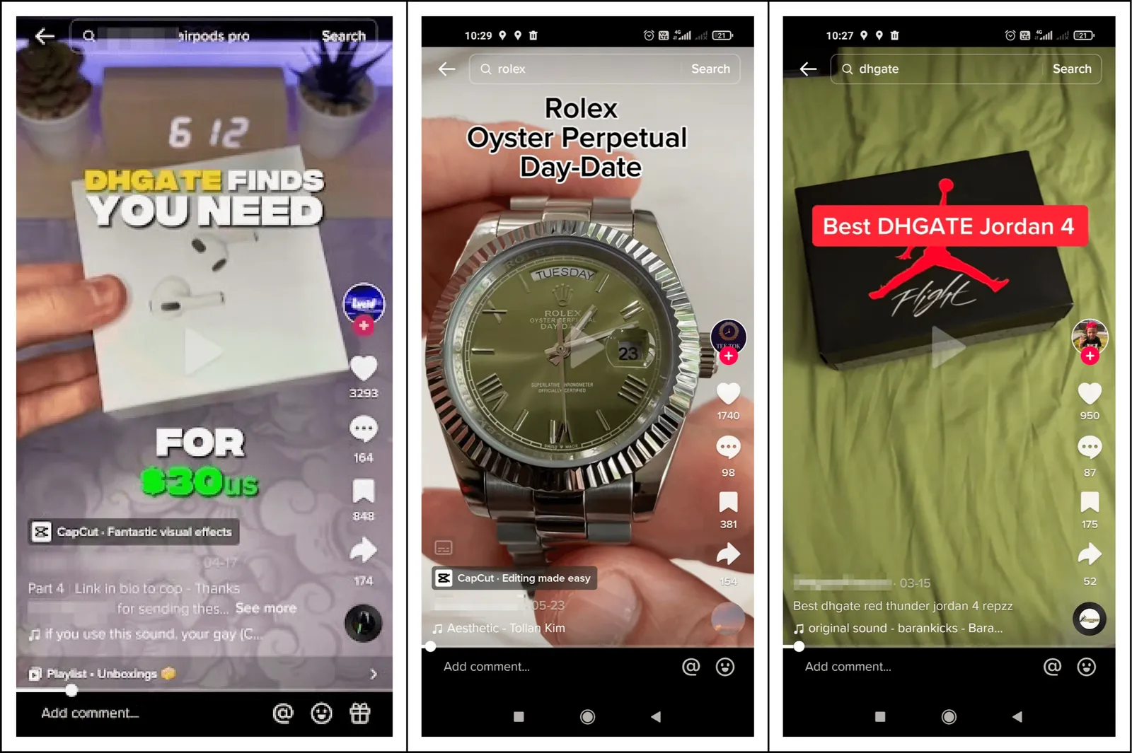 Video di TikTok che mostrano dupe, cioè prodotti falsi in vendita tramite RepTok su TikTok