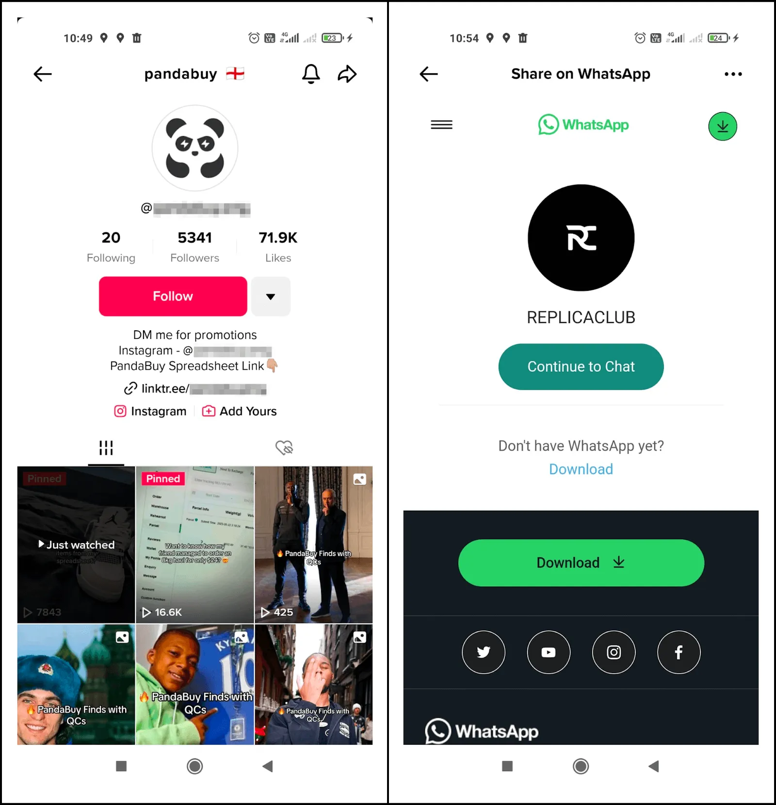 Canali di messaggistica privata per dupe, cioè prodotti falsi in vendita tramite RepTok su TikTok