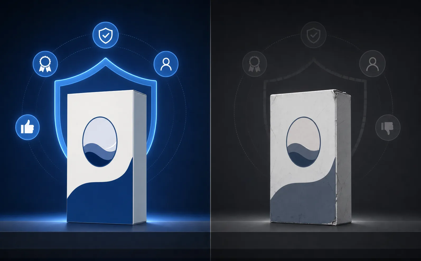 Illustration mit geteiltem Bild: zwei identische Produktkartons nebeneinander auf einer Verkaufsfläche, einer echt mit sauberer Verpackung und hochwertiger Verarbeitung, einer gefälscht mit subtilen Mängeln; abstrakte Symbole für Markenwert wie Schilde und Vertrauenszeichen leuchten um das echte Produkt und verblassen um die Fälschung, dunkler Hintergrund mit Akzentlicht, flacher moderner Illustrationsstil, kein Text und keine Buchstaben