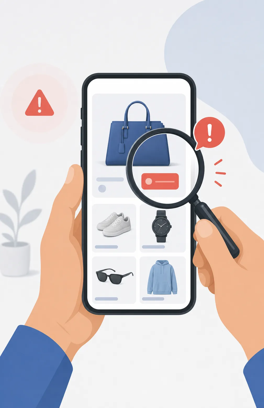 Nahaufnahme von Händen, die ein Smartphone mit einem Produktangebot in einer Shopping-App halten; eine Lupe schwebt über dem Bildschirm und hebt ein verdächtig niedriges Preisschild bei einem Markenartikel hervor, umgeben von dezenten roten Warnhinweisen, flacher Illustrationsstil, kein Text und keine Buchstaben