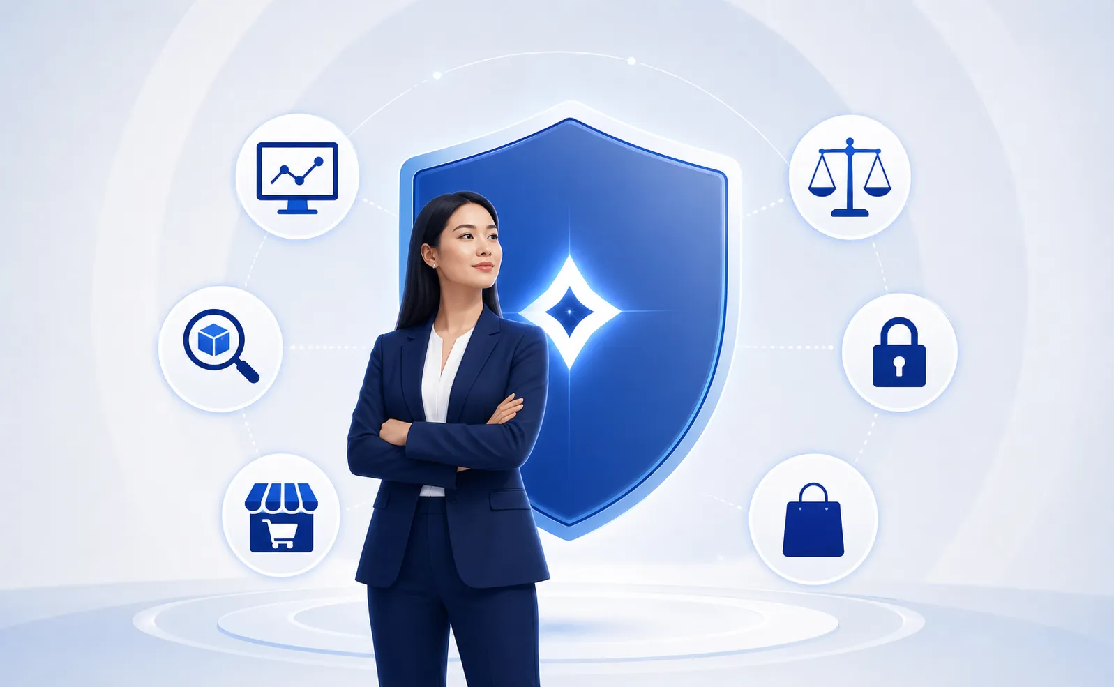 Eine selbstbewusste Unternehmerin vor einem großen digitalen Schild mit einem leuchtenden Markenlogo in der Mitte, umgeben von schwebenden Symbolen für Überwachung, Rechtsschutz und Online-Marktplätze, klarer moderner Flat-Illustrationsstil, blau-weiße Farbpalette, ohne Text, ohne Buchstaben, ohne Wörter