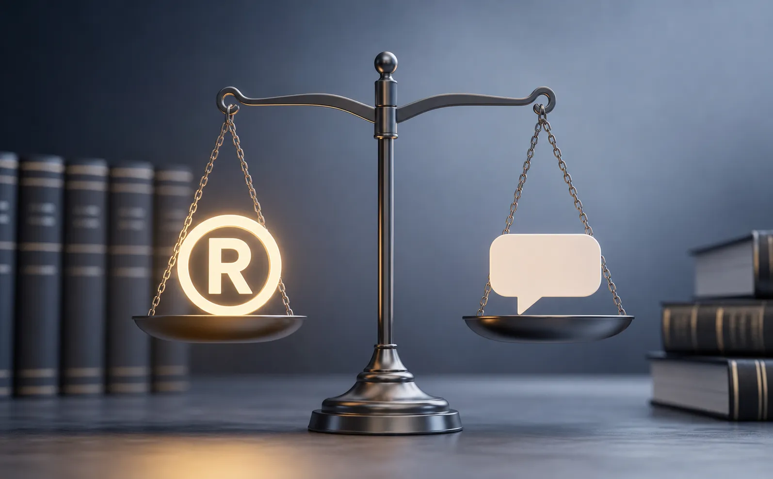 Eine Waage in einem professionellen juristischen Umfeld, auf einer Seite ein leuchtendes Markensymbol, auf der anderen eine Sprechblase als Sinnbild für öffentliche Meinungsäußerung, umgeben von dezenten Gesetzbuch-Texturen in neutralem Blaugrau, Konzept für das Gleichgewicht von geistigem Eigentum und Fair Use, klarer moderner Illustrationsstil