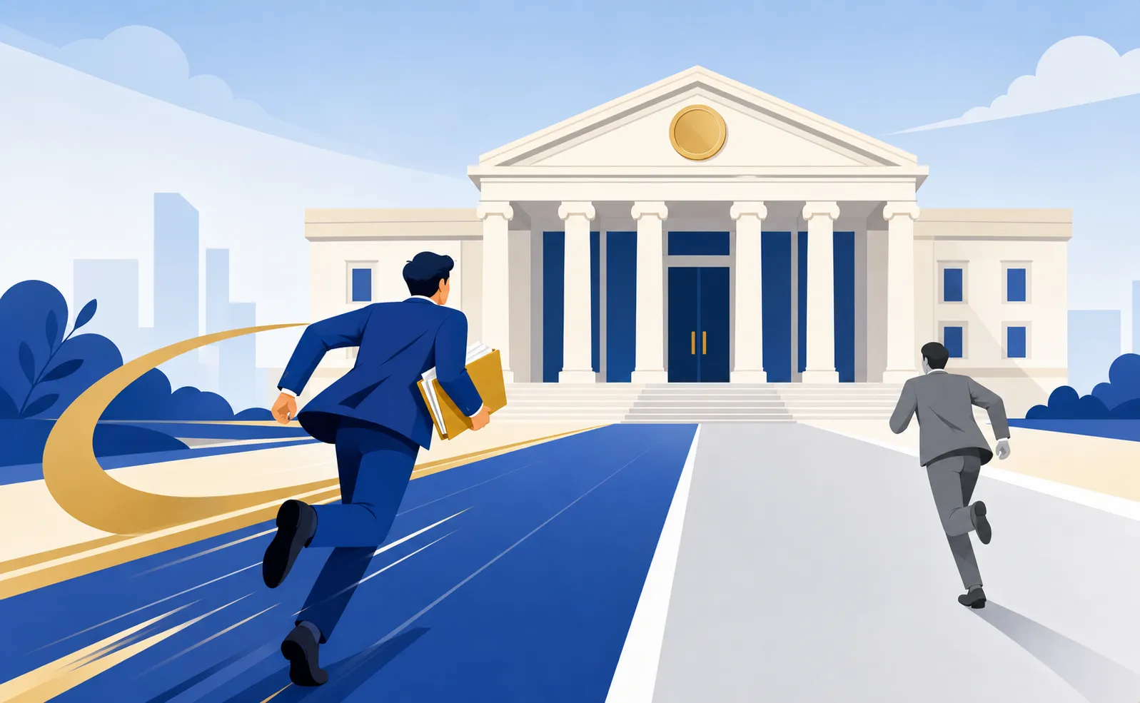 Symbolische Illustration zweier Geschäftsleute im Wettlauf zu einem großen Regierungsgebäude mit klassischer Fassade, eine Person mit einer Dokumentenmappe erreicht den Eingang zuerst, Sinnbild für Anmeldepriorität und schnelle Markeneintragung, moderner Flat-Illustrationsstil, blau-goldene Farbpalette, ohne Text