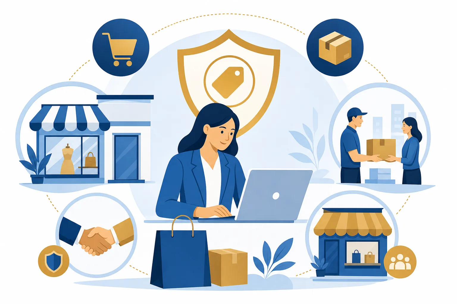 Symbolische Illustration einer Geschäftsperson, die auf einem Marktplatz aktiv ein Produkt oder eine Dienstleistung anbietet, umgeben von Handelssymbolen wie Ladenfronten, Händeschütteln und Warenaustausch, Sinnbild für Markenrechte, die durch tatsächliche geschäftliche Benutzung entstehen, moderner Flat-Illustrationsstil, blau-goldene Farbpalette, ohne Text, ohne Buchstaben, ohne Wörter