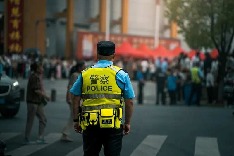 Foto ilustrativa: un agente de policía uniformado en China, visto de espaldas, de servicio en un cruce concurrido